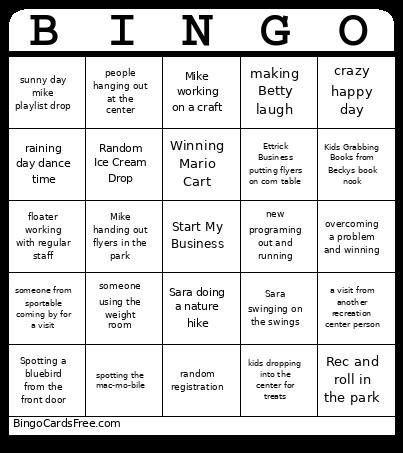 Ettrick Rec Center Bingo Card