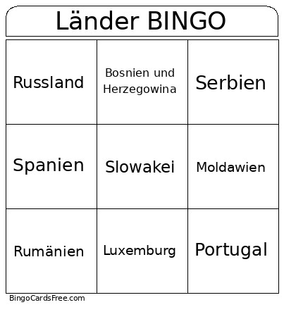 Europäische Länder Bingo Card