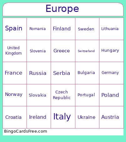 Europe Bingo Card