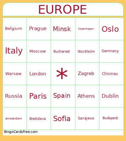 European Capitols Bingo Card
