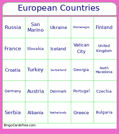 European Countries Bingo Card