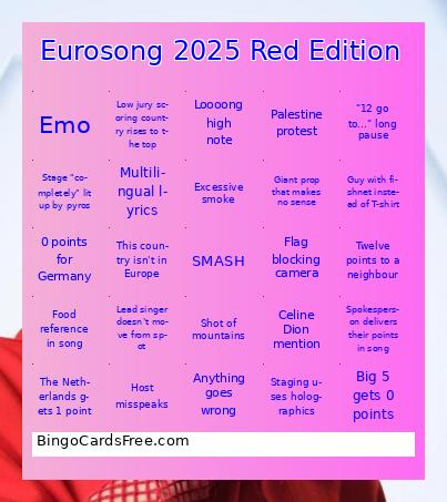 Eurosong 2025 Red Edition Bingo