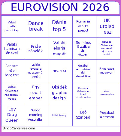 Eurovízió 2026 Bingo Card