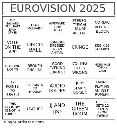 Eurovision 2025 Bingo