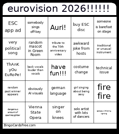 Eurovision 2026!!!!!! Bingo Card