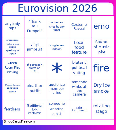 Eurovision 2026 Bingo Card