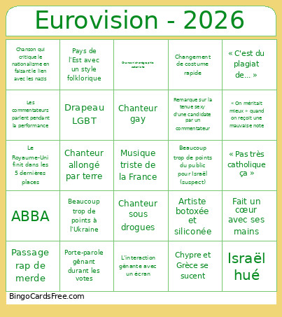 Eurovision - 2026 Bingo Card