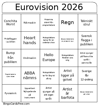 Eurovision 2026 Bingo Card 2