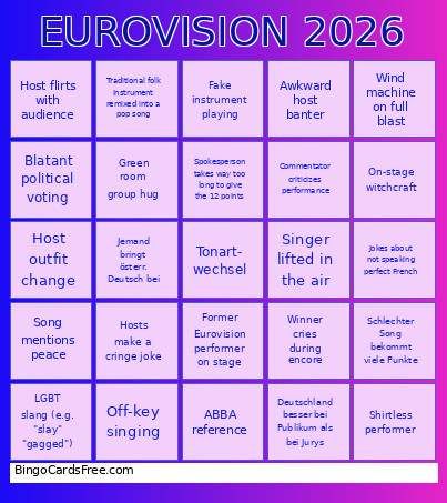 Eurovision 2026 Bingo Card