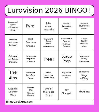 Eurovision 2026 ! Bingo Card