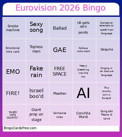 Eurovision 2026 Bingo Card