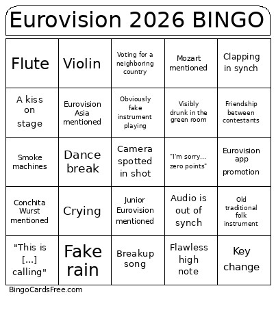 Eurovision 2026 Bingo Card