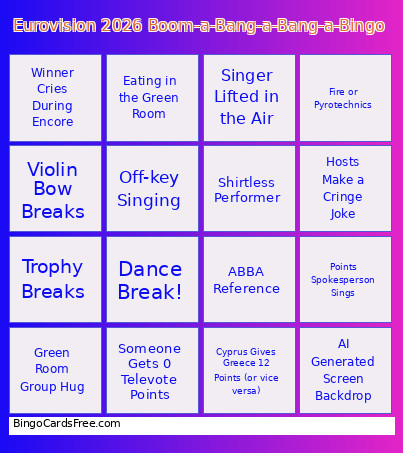 Eurovision 2026 Boom-a-Bang-a-Bang-a- Bingo Card