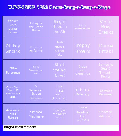 EUROVISION 2026 Boom-Bang-a-Bang-a- Bingo Card