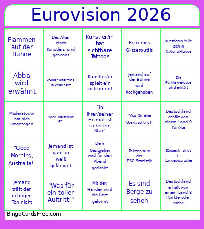 Eurovision 2026 Deutsch Bingo Card