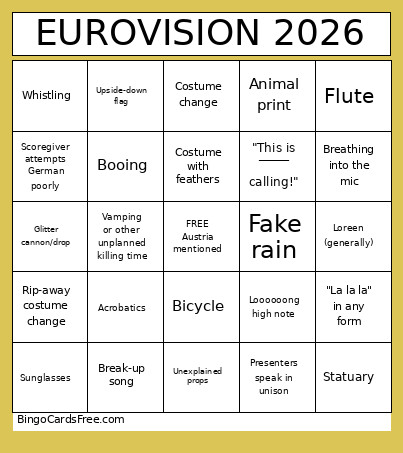 Eurovision 2026 English Bingo Card