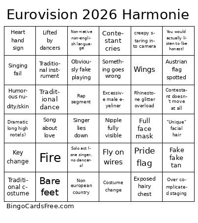 Eurovision 2026 Harmonie Bingo