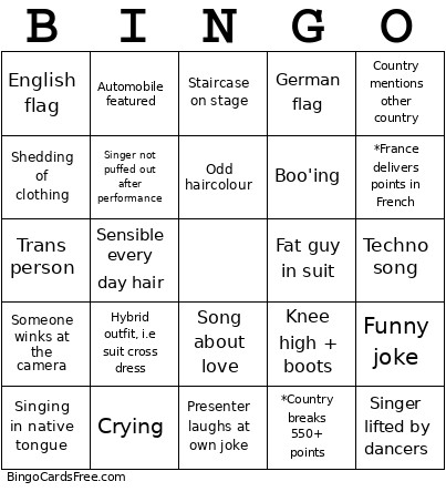 Eurovision Bingo Card
