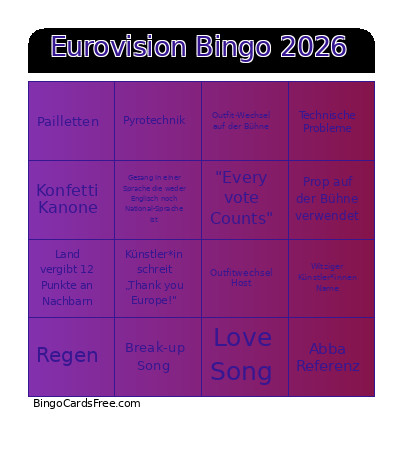 Eurovision 2026 Bingo Card 2