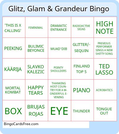 Eurovision Extravaganza Bingo Cards Free Pdf Printable Game, Title: Glitz, Glam & Grandeur Bingo