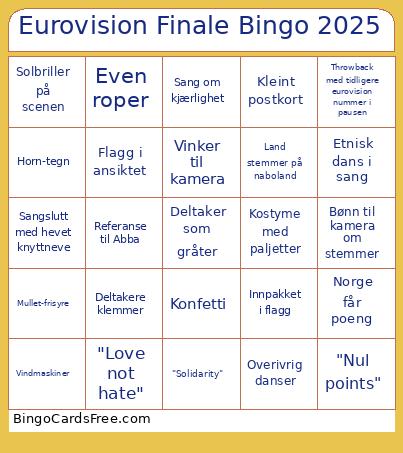 Eurovision Finale 2025 Bingo Card