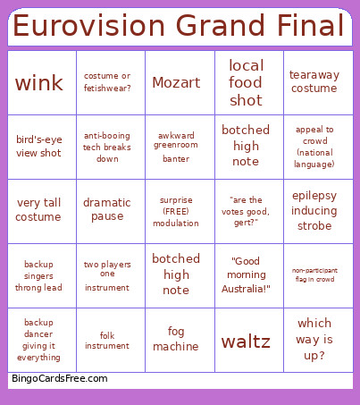Eurovision Grand Final Bingo Card