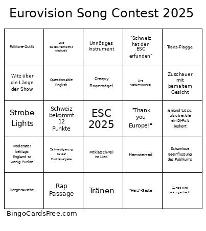Eurovision Song Contest 2025 Bingo Card