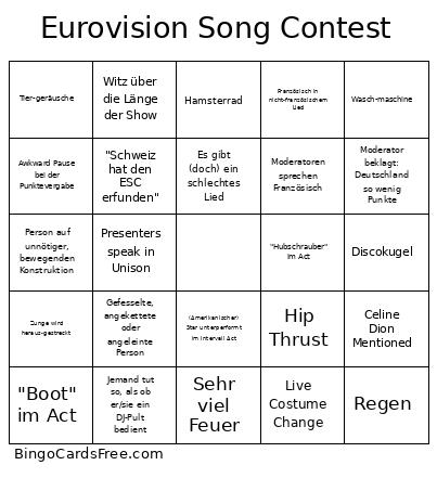 Eurovision Song Contest Bingo Card