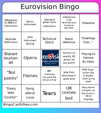 Eurovision Tyron Bingo Card