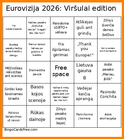 Eurovizija 2026: Viršulai Edition Bingo Card