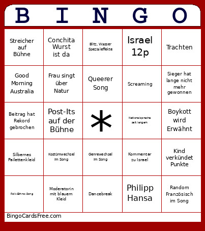 Eurovsion 2026 Bingo Card
