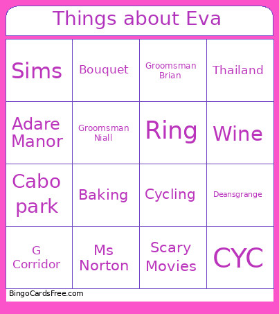 Eva's Pre-Wedding Celebration Bingo Card