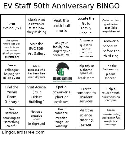 EVC Staff 50th Anniversary Bingo Card