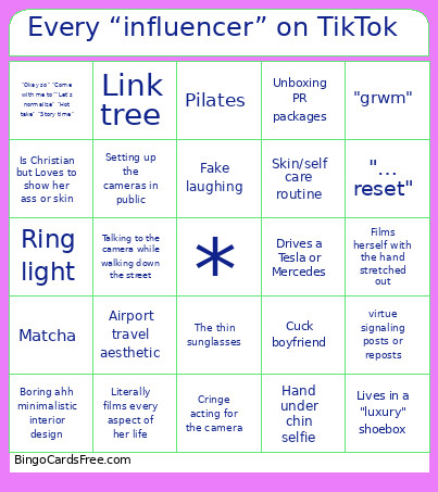 Every “influencer” On TikTok Bingo Card
