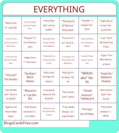 Everything Bingo Cards Free Pdf Printable Game, Title: EVERYTHING