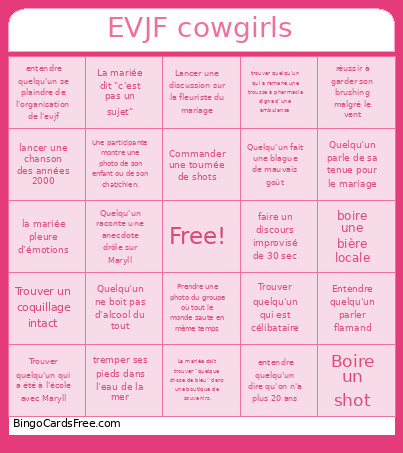 EVJF Cowgirls Bingo Card