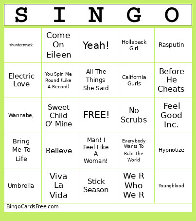 EVO SINGO Bingo Card