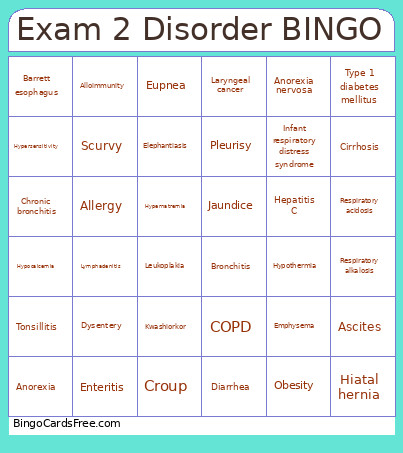 Exam 2 Disorder Bingo Card