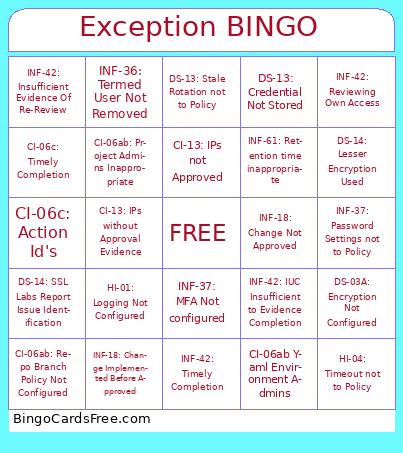 ExcBingo Cards Free Pdf Printable Game, Title: Exception BINGO