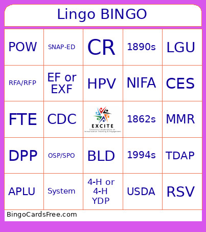 EXCITE Lingo Bingo Card