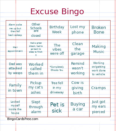 Excuse To Miss School Bingo Card
