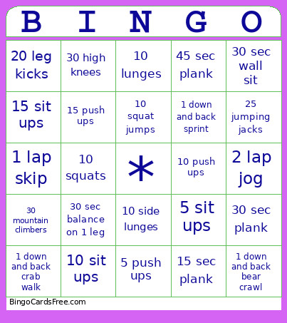 Exercise Bingo Card