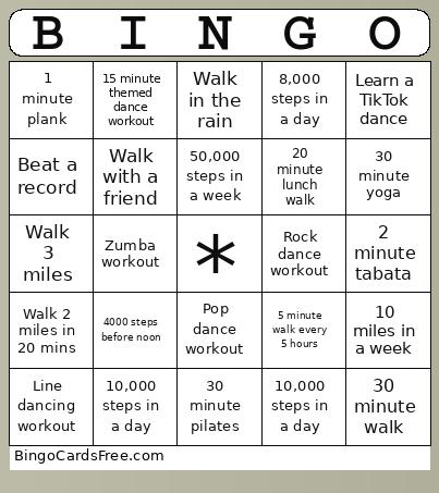 Exercise Bingo Card