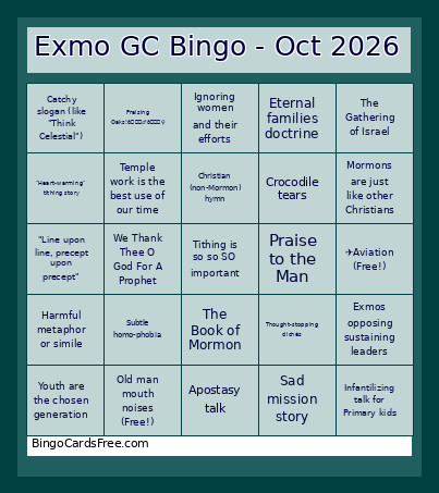 Exmormon Conference October 2026 Bingo Card