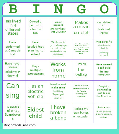 Experiences Bingo Card