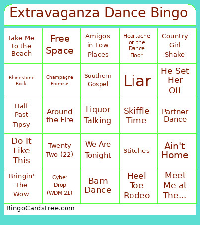 Extravaganza Dance Bingo Card