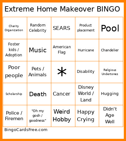 Extreme Home Makeover Bingo Card