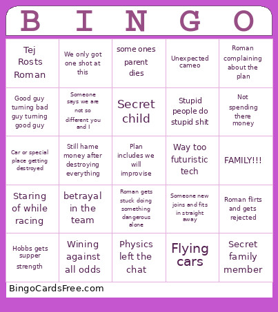 F&F 7-X Bingo Card