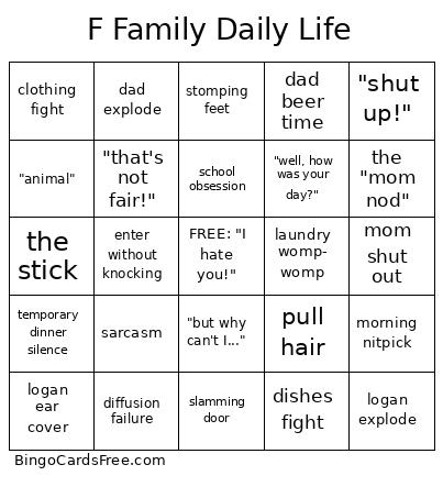 F Family Daily Life Bingo Cards Free Pdf Printable Game, Title: F Family Daily Life