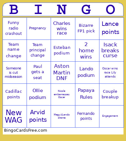 F1 2026 Bingo Card 4